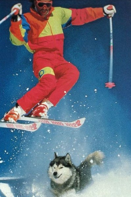 Retro ski jump with husky